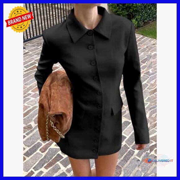 Long Sleeve Lapel Blazer Mini Dress with Pockets, Fitted Business Formal - Picture 6 of 6